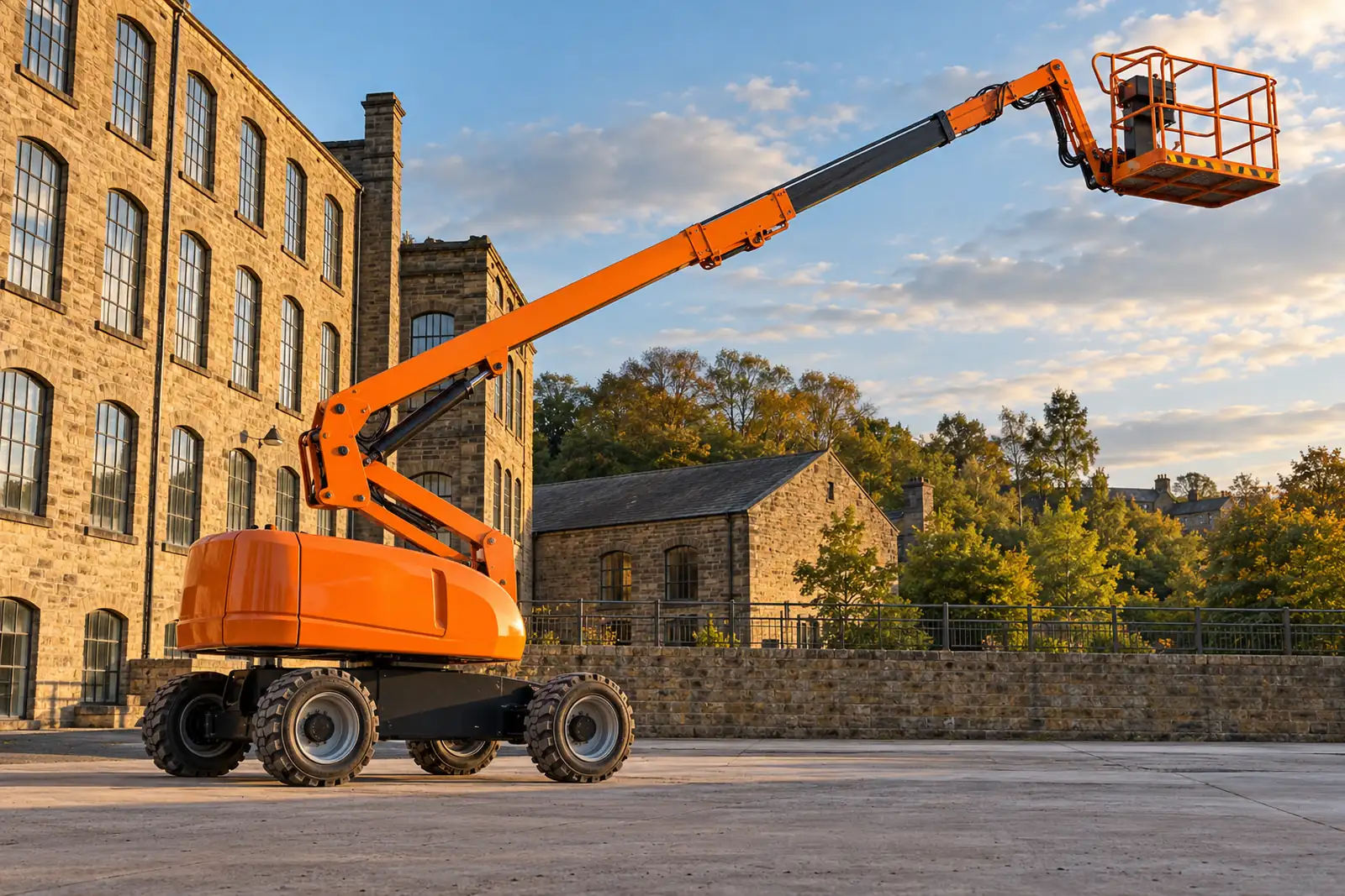 Articulated boom lift positioned beside a Yorkshire sandstone mill