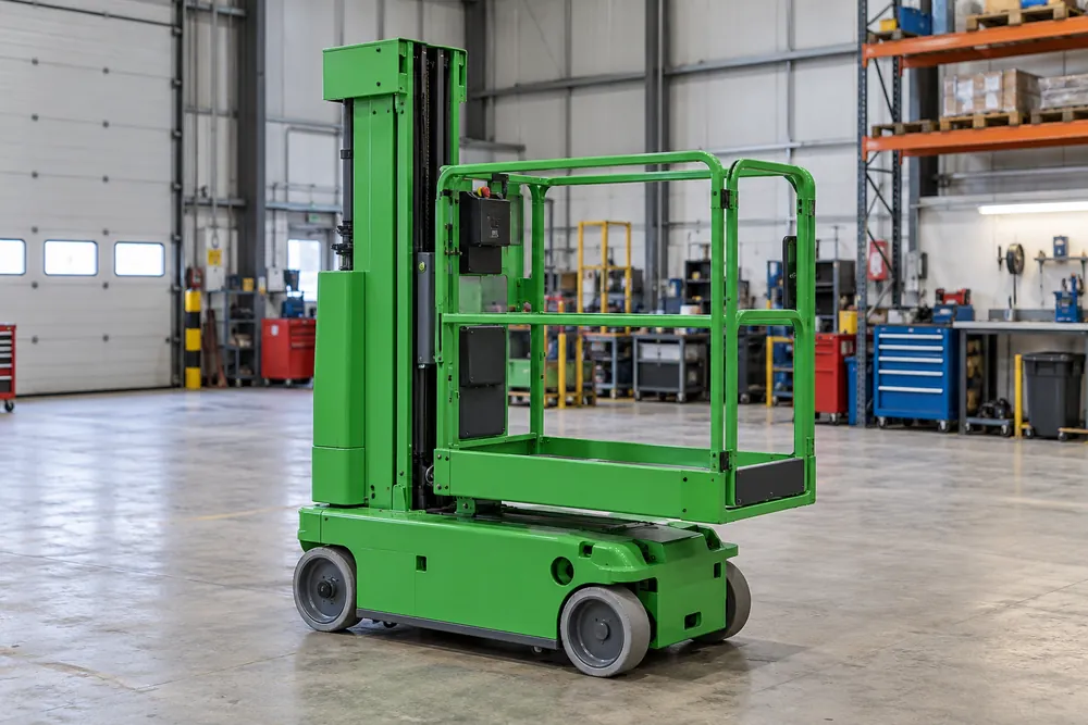 Compact vertical mast platform in an industrial workshop
