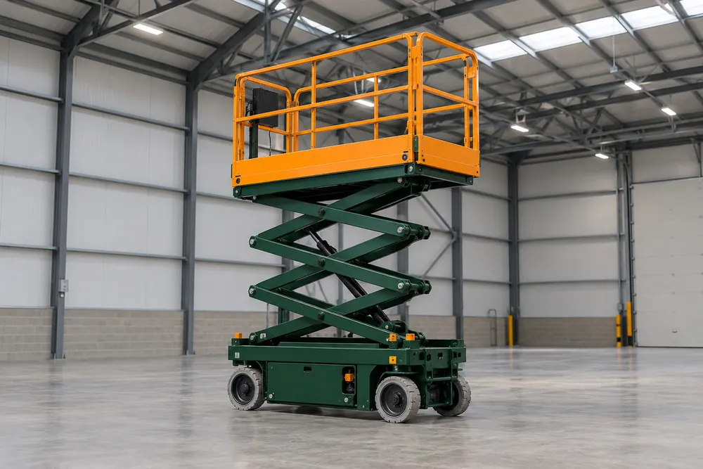 Electric scissor lift on a level warehouse floor